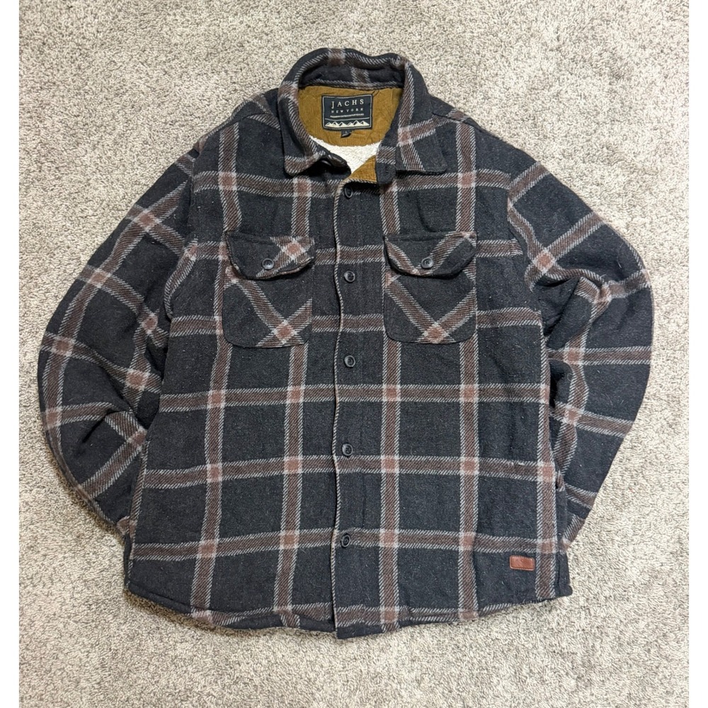 Jachs NY Mens Fleece Lined Flannel Shirt Jacket Charcoal Brown Plaid Large